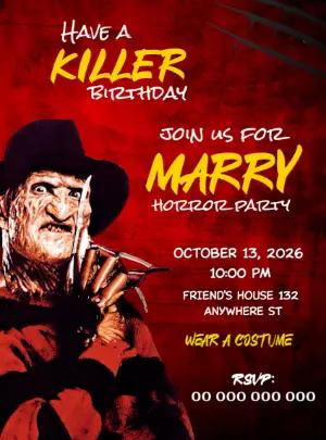Editable Freddy Krueger Horror Birthday Party Invitation Template
