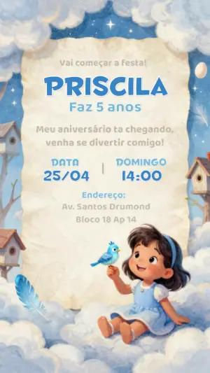 Convite Aniversário Fofo Menina e Passarinho Modelo Editável
