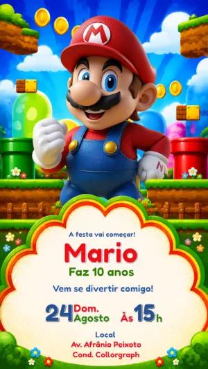 Convite de Aniversário Super Mario Editável e Digital