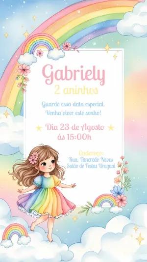 Convite de Aniversário Arco Íris com Menina para Editar Online