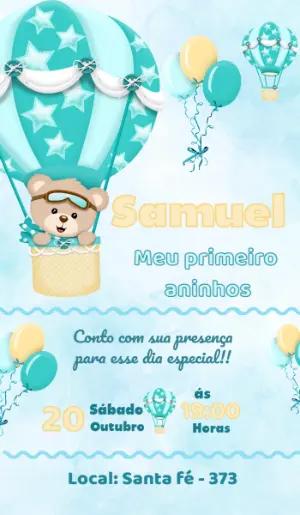 Convite de Aniversário Urso Baloeiro Azul para Editar