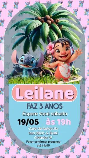 Convite de Aniversário Lilo e Stitch 3D Rosa Editável