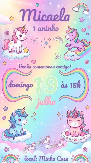 Convite de Aniversário Unicórnio Fofo Colorido para Editar