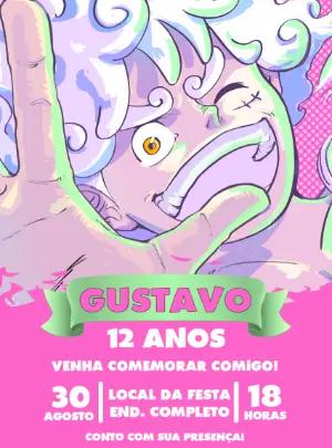 Convite de Aniversário Luffy Gear 5 Anime Modelo Editável