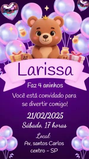 Convite de Aniversário Ursinha Princesa Roxo Editável