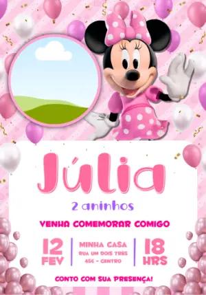 Convite de Aniversário Minnie Rosa com Balões para Editar