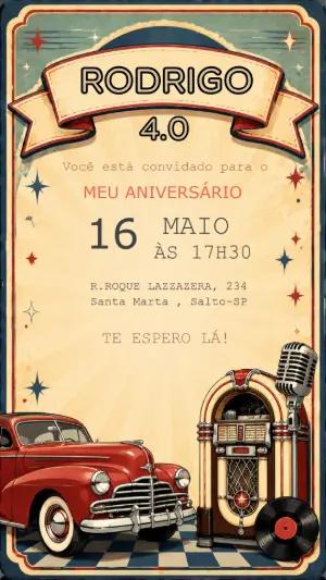Convite de Aniversário Adulto Vintage Anos 50 Editável