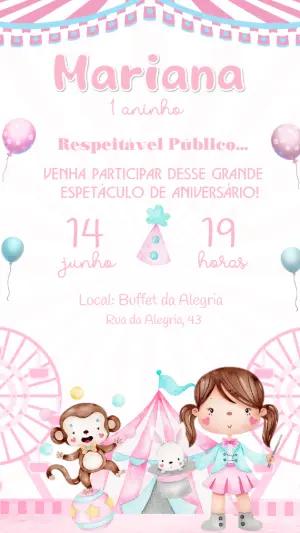 Convite Aniversário Circo Rosa Aquarela para Editar Online
