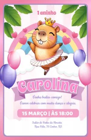 Convite de Aniversário Capivara Bailarina Editável
