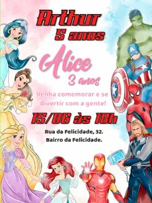 Convite Aniversário Duplo Princesas e Vingadores para Editar