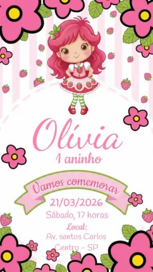 Convite de Aniversário Moranguinho Rosa e Verde Editável