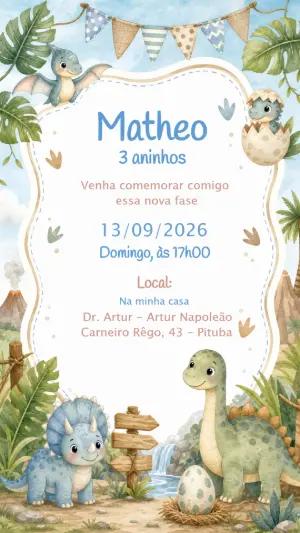 Convite Aniversário Dinossauros Baby Aquarela Editável