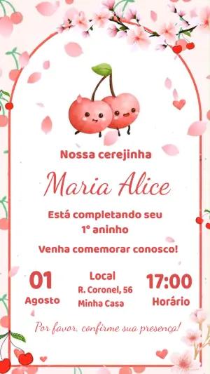 Convite Animado Aniversário Tema Cerejinha para Editar