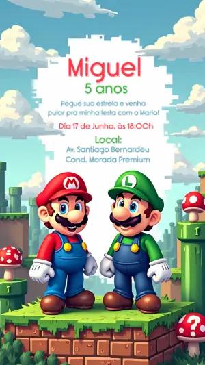 Convite Aniversário Mario Bros e Luigi para Editar Online