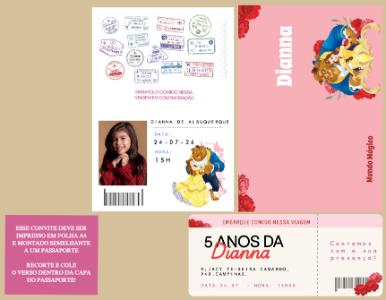 Convite Passaporte A Bela e a Fera para Aniversário Editável