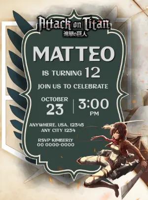 Editable Attack on Titan Birthday Invitation Template