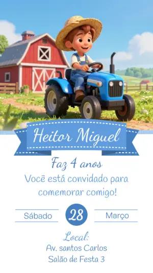 Convite de Aniversário Trator Fazendinha 3D para Editar