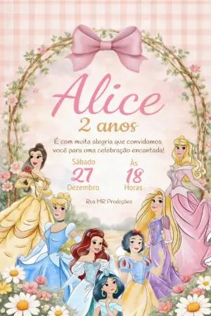 Convite Animado Princesas Disney Floral para Aniversário Editável