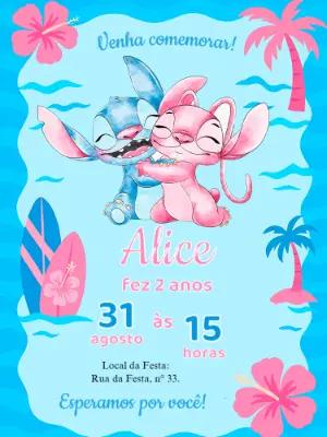Convite de Aniversário Stitch e Angel para Editar Online