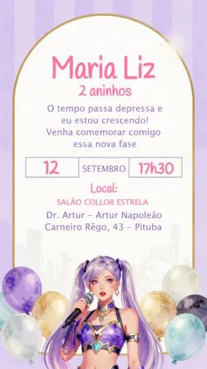 Convite de Aniversário Tema Cantora Pop Lilás para Editar