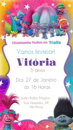 Convite de Aniversário Trolls Colorido para Editar Online