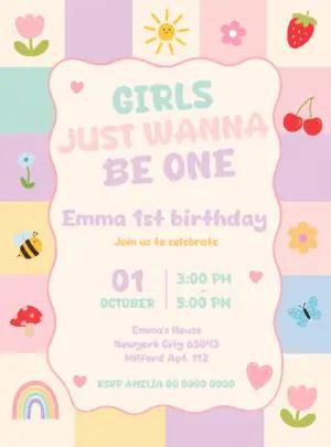 Girls Wanna Be One 1st Birthday Invitation Editable Template
