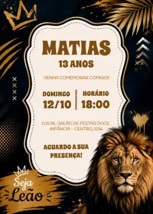 Convite de Aniversário Leão Dourado | Modelo Digital Editável
