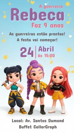Convite Aniversário Infantil Guerreiras Pop Star Modelo Editável