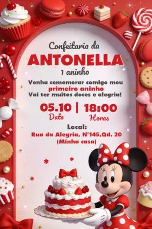 Convite de Aniversário Minnie Vermelha Confeitaria Editável