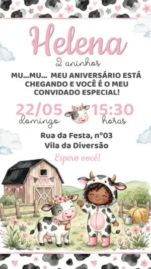 Convite de Aniversário Vaquinha Rosa Aquarela Editável