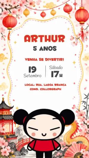 Convite Digital Aniversário Pucca: Modelo Editável e Divertido