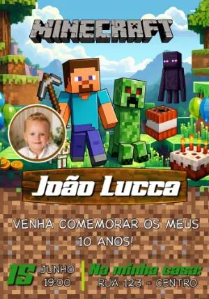 Convite de Aniversário Minecraft com Foto para Editar