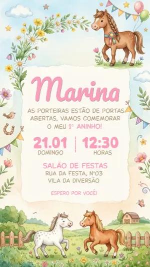 Convite Aniversário Cavalinho Aquarela para Menina Editável