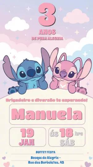 Convite Digital Aniversário Infantil Stitch e Angel Modelo Editável