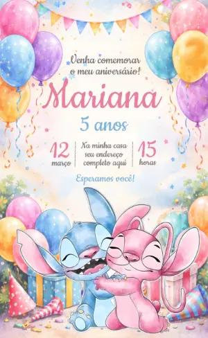 Convite de Aniversário Stitch e Angel para Editar