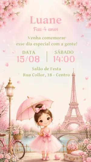 Convite de Aniversário Paris Menina Editável