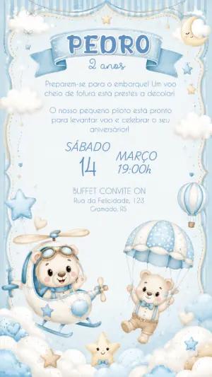 Convite de Aniversário Ursinho Aviador Editável para Menino