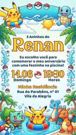 Convite de Aniversário Pokémon Pool Party Editável