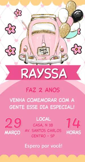 Convite de Aniversário Infantil Fusca Rosa Editável
