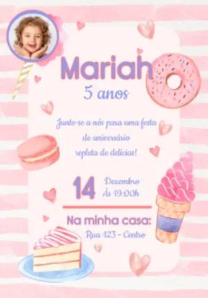 Convite de Aniversário Doces Aquarela Rosa para Editar