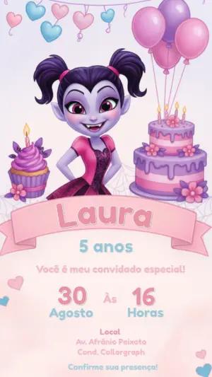 Convite Digital Aniversário Infantil Tema Vampira Fofa Editável