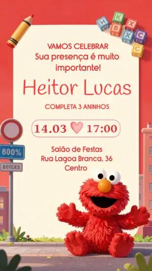 Convite de Aniversário Infantil Elmo Vila Sésamo Editável