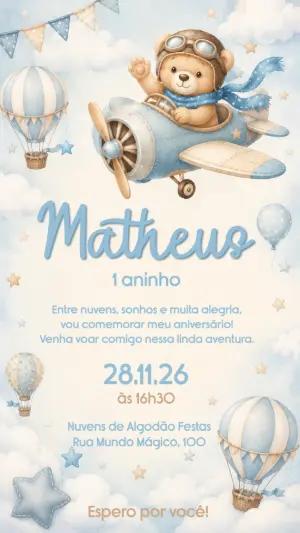 Convite de Aniversário Ursinho Aviador Azul Modelo Editável