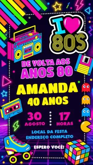 Convite de Aniversário Anos 80 Retrô para Editar Online