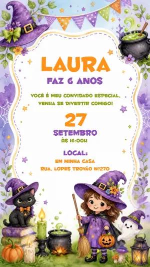 Convite de Aniversário Bruxinha Fofa Modelo Editável