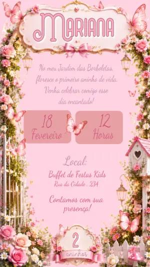 Convite de Aniversário Jardim das Borboletas Rosa Editável