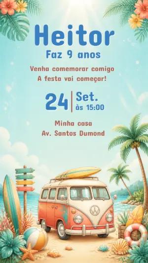 Convite de Aniversário Surf Kombi Tropical Editável