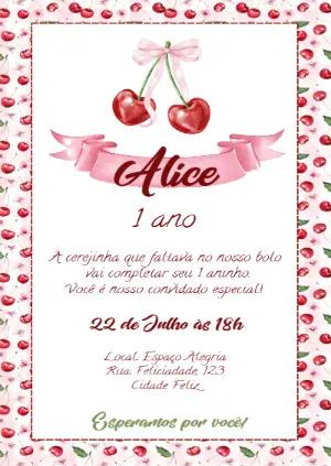 Convite de Aniversário Cerejinha Aquarela Editável