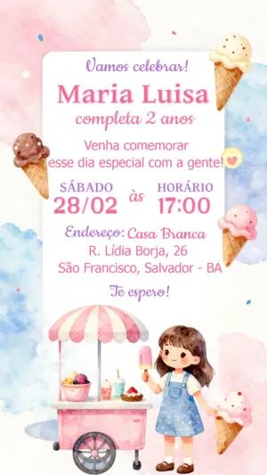 Convite de Aniversário Infantil Sorveteria Aquarela Editável