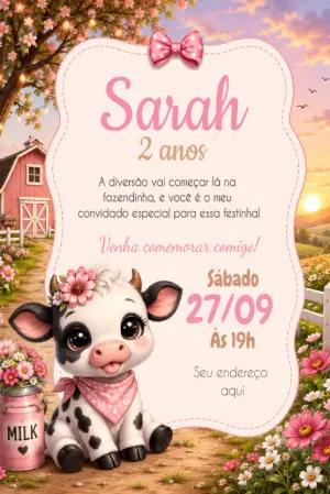 Convite de Aniversário Fazendinha Vaquinha Rosa Editável